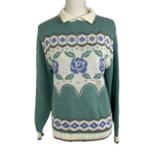 Vintage Cap Cod 80s 90s Collared Sweater Size M  Roses Cottagecore Granny Twee